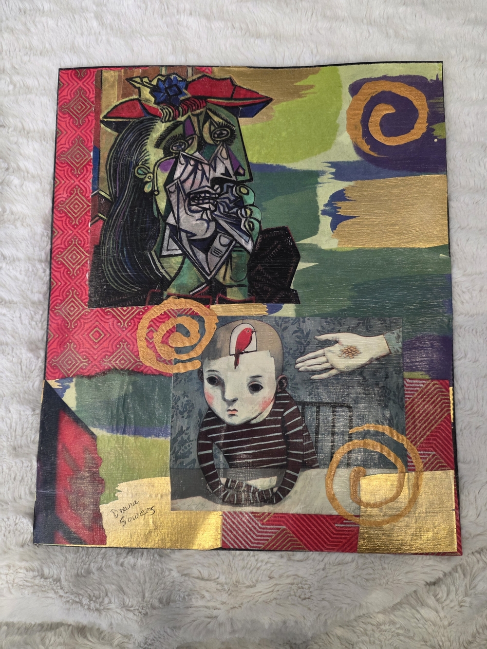Handmade/Handpainted Mixed-Media Collage Art Piece Signed Diana Sowers "Boy"